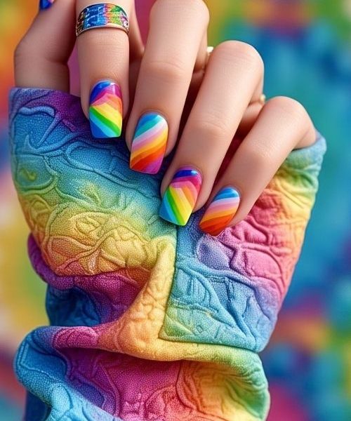 11. A Vibrant Hand In Colorful Long Sleeves, Featuring French Tip Nail Designs With Each Tip Painted In A Different Color, Creating A Cheerful And Playful Rainbow Effect