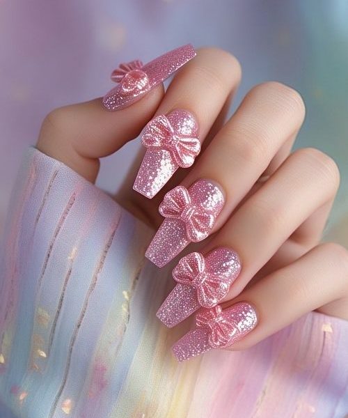 15. Glitter Pink Bows On A White Background, Playful And Sparkling, One Hand In Long Sleeves Flaunting A Fun And Glamorous Vibe With Cute Bow Nails