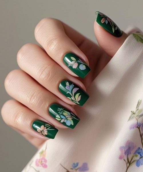 2. A Hand Showcasing Green Spring Nails In Deep Emerald Green, With Charming Pastel Floral Designs, Elegantly Resting In A Soft Sleeve