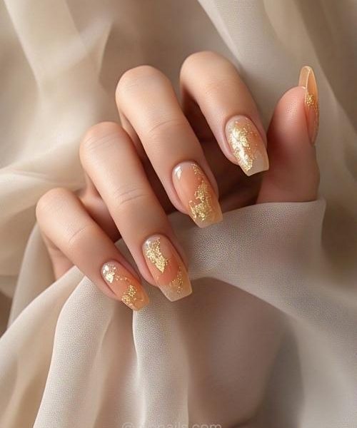 6. Elegant Peach And Gold Leaf Spring Nails, Paired With A Graceful Hand Peeking From A Sheer Chiffon Long Sleeve.